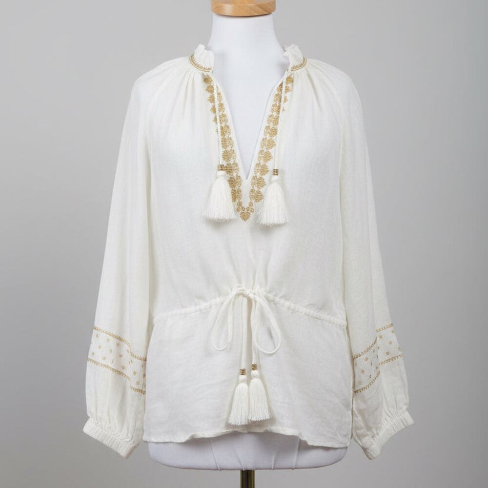 Nicoblu white linen w/gold embroidery blouse, size M